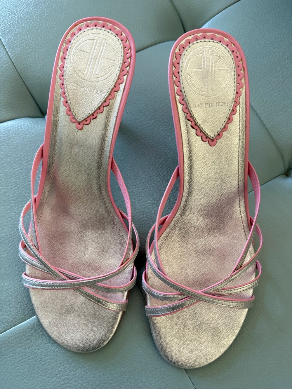 Lilly Pulitzer Pink and Silver Strappy Slide Mules - 8.5M
